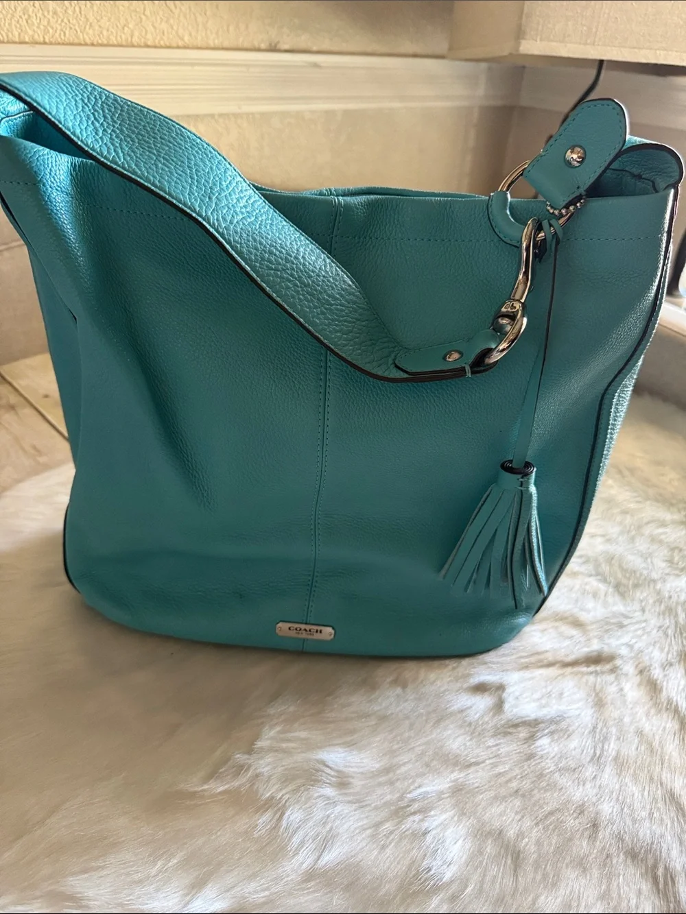 Coach Turquoise leather Hobo Bag with Tassel and Matching Coach Wallets Set
